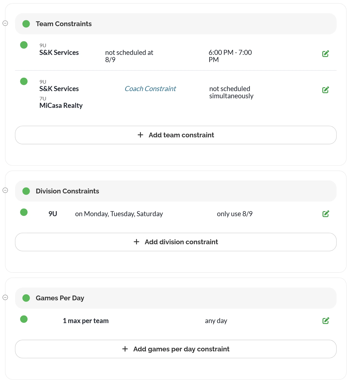 Team, division and games per day constraints example