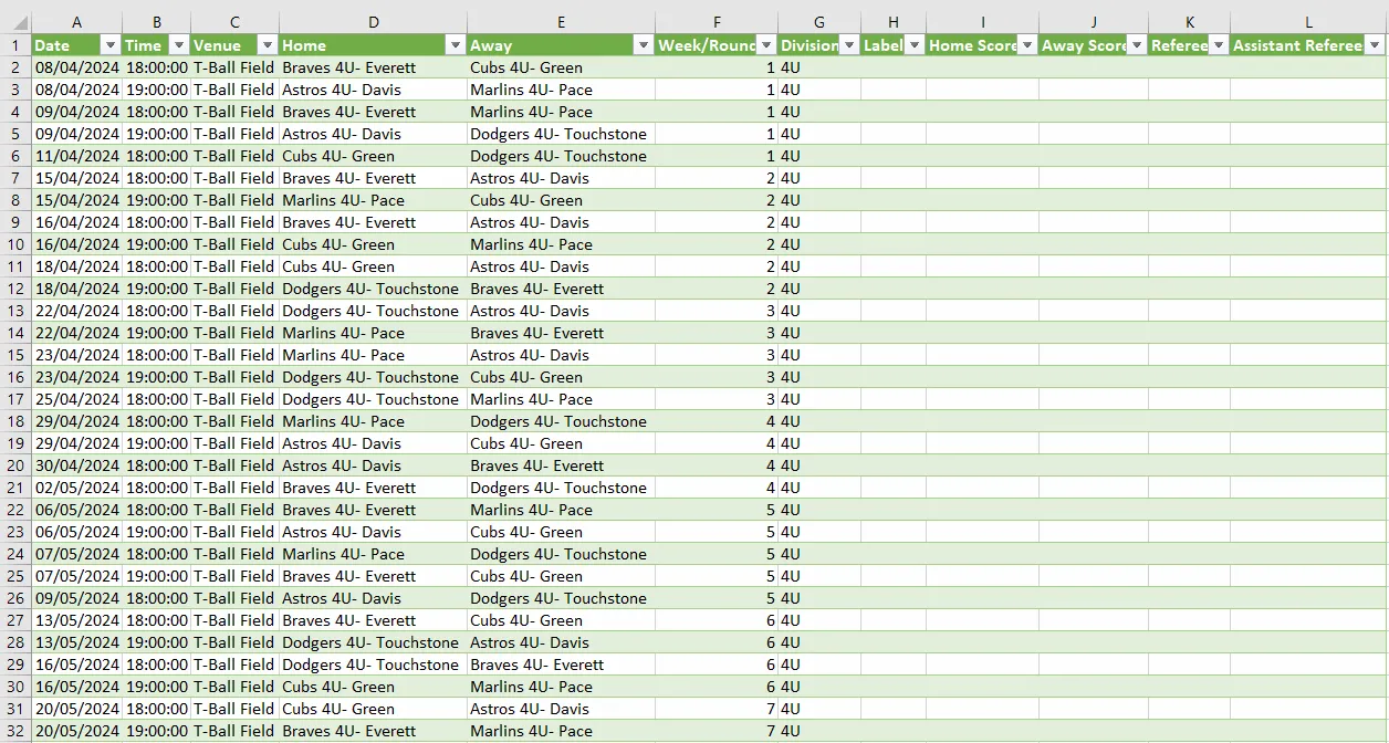 Excel schedule screenshot example