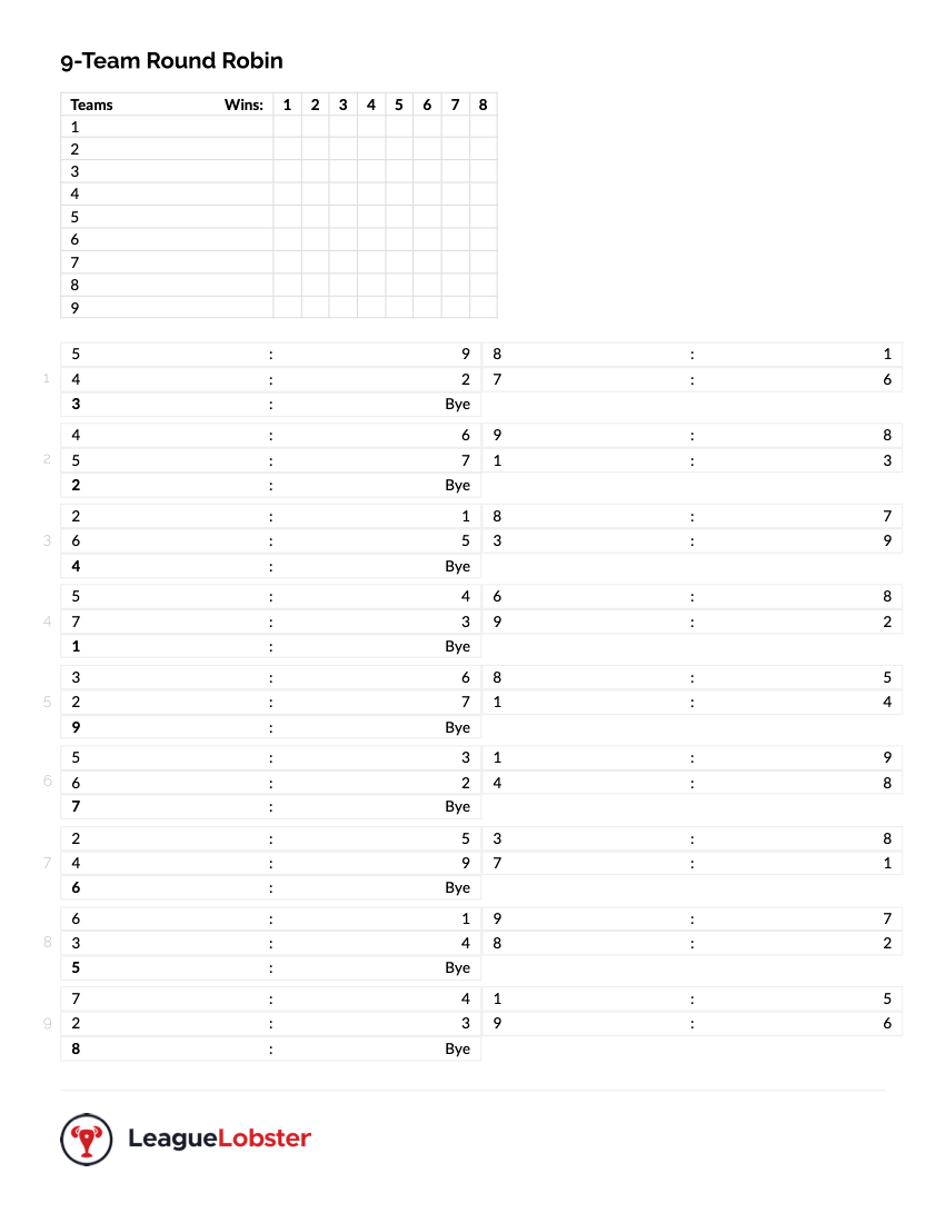 9 Team Round Robin Generator | LeagueLobster